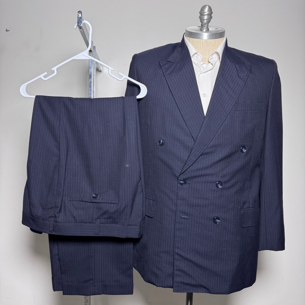 Custom Tailored Suit Mens 44R 40x30 Navy Blue Pinstripe Double Breasted Vintage